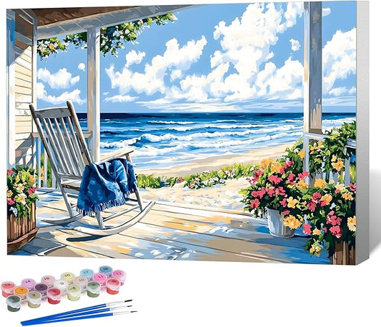 Framed Paint by Numbers Kit for Adults Beginner Seaside Scenery, Adult Paint by Number Kits on Canvas Framed, DIY Acrylic Oil Painting by Numbers with Frame, Perfect for Home Decor Gift 12 X 8 Inch