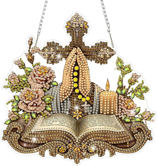 MAXBYE Diamond Art Kits Hanging Cross Pendant, DIY 5D Special Shaped Diamond Painting Craft Gem Art Rhinestone for Adults and Home Window Door Decor 8×8 Inch