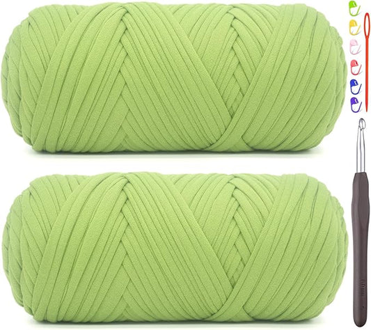 2 Pack Tshirt Yarn for Crocheting,Green T Shirt Chunky Elastic Fabric Thick T-Shirt Crochet Yarn for Beginners Crocheting Hand Knitting Bag/Basket/Coasters/DIY Crafts/Home Decor 2 * 200G(Apple Green