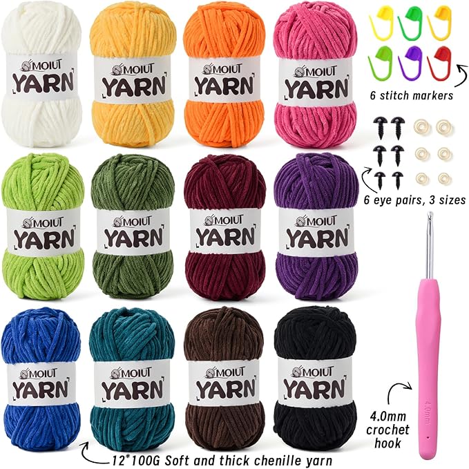 12 Pack Velvet Yarn for Knitting, Chunky Chenille Yarn for Crocheting, Baby Yarn for Crocheting Soft Blanket, Super Bulky 42.3oz(1049yds), Multicolor Amigurumi Yarns Set A