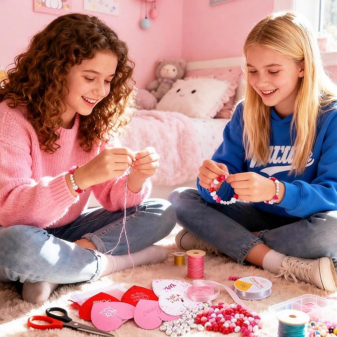 Kigeli 24 Set Valentine's Day Bead Wristband Craft Kit, Valentine Bracelet Crafts, DIY Heart Bracelet Making Kit, Exchange Romantic Art Craft Gifts, Valentines Decor for Party Favor Activity