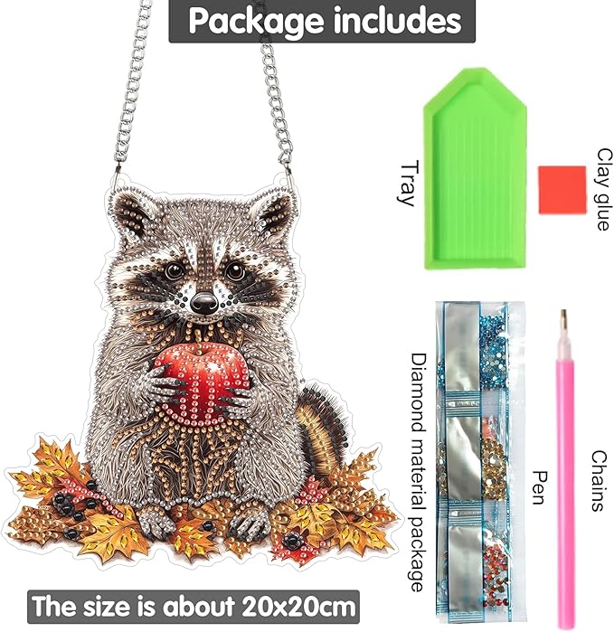 Yomiie Raccoon Animal Sun Catcher Window Hanging - DIY Double Sided Diamond Painting Pendant Kits for Adults, 5D Acrylic Diamonds Art Ornament for Indoor/Outdoor Garden Home Autumn Decor (8x8 inch)