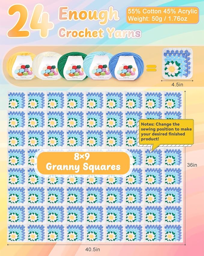 Coopay 3D Blanket Crochet Kit for Beginners, All-in-One Granny Square Blanket Kit with Step-by-Step Video & Enough Yarns - Master 3D Granny Square Crocheting Easily, Ideal Gift for Craft Lovers (Blue)