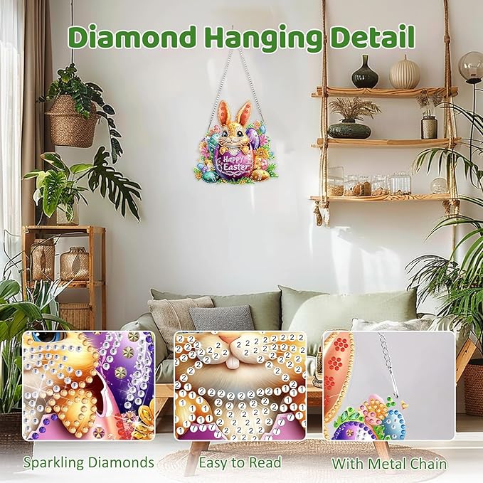 MEIYUDA Easter Bunny Diamond Art Hanging Kits for Adult, Happy Easter Diamond Painting Hanging Kits Ornaments, DIY Colorful Egg Special Shaped Rhinestone Window Pendant for Home Garden Wall Decor Gift