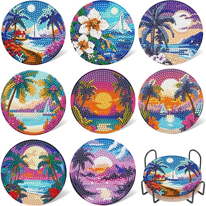 EWJRNSF 8 PCS Diamond Art Coasters Kit, Small Diamond Painting Coasters, Fall Beach Diamond Art Kits for Adults Beginners, Arts and Crafts Supplies Item Sets with Holder
