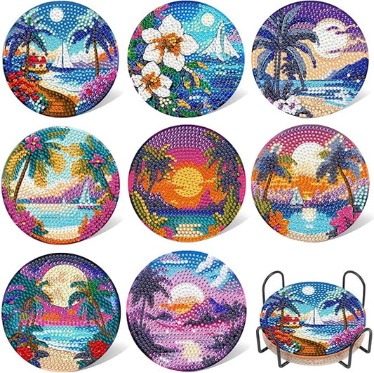 EWJRNSF 8 PCS Diamond Art Coasters Kit, Small Diamond Painting Coasters, Fall Beach Diamond Art Kits for Adults Beginners, Arts and Crafts Supplies Item Sets with Holder