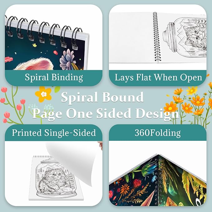 Adult Coloring Book Spiral Bound, Mindfulness Coloring Book for Women Relaxation, Thick Paper One Sided Design, Gift for Adult to Relax and Relieve Anxiety-Magic Wishing