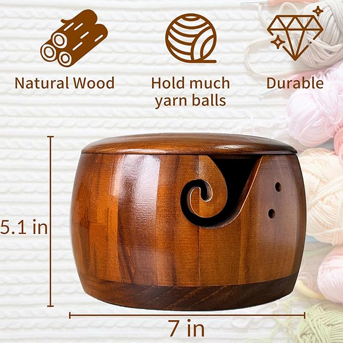 yarn bowl knitting 7x5.1in large wood knitting bowl with lid for yarn skeins round wooden bowl with carved holes crochet hook rests