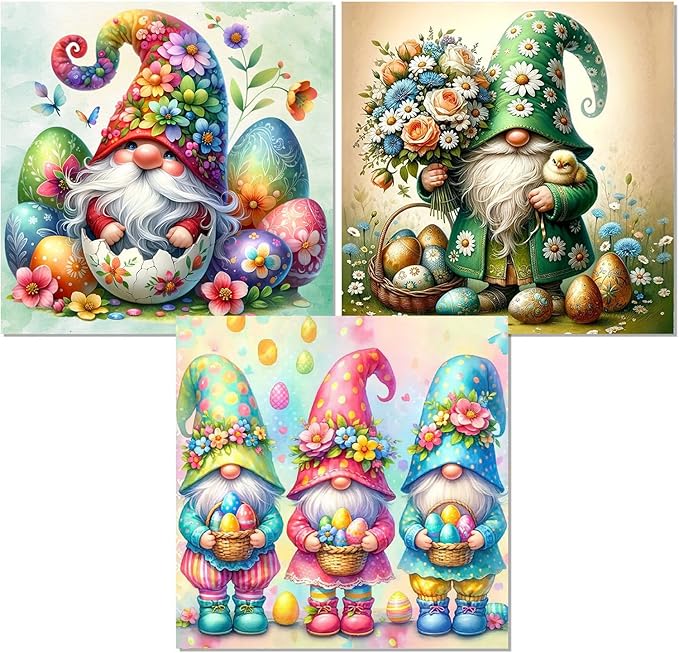 igoodom 3 Pack Easter Diamond Art Kits for Adults, Gnome Diamond Painting Kit, Full Drill Round Diamond Art Kits, DIY Gem Art and Crafts for Home Wall Decor Gift 14x14inch