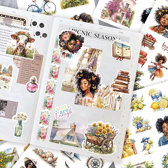 326Pcs Black Girl Themed Planner Stickers Book, People Stickers for Junk Journal Kit, 40 Sheet Scrapbook Supplies with Washi Tape for Planners, Bullet Journal ,Mixed Media Art