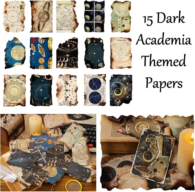 Vintage Aesthetic Scrapbook Supplies Kit with Scrapbook Paper, Stickers for Scrapbooking, DIY Albums, Junk Journals, Bullet Journals, Celestial Universe Planets Space Collage Decor (Dark4 125 Pcs)