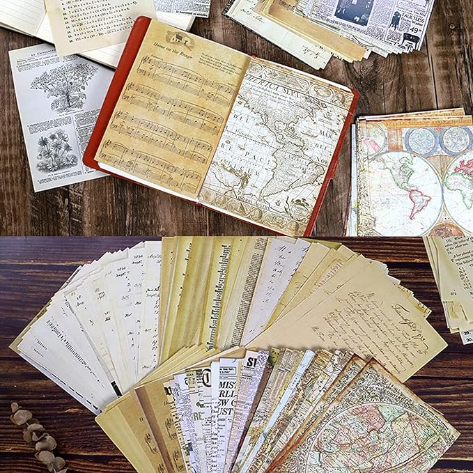 BILLIOTEAM Junk Journal Pages Vintage Handmade Scrapbook Sheets, Including Magazine, Newspaper, Sheet Music and Kraft for Scrapbooking Decoupage Background DIY Craft Decoration 240PCS