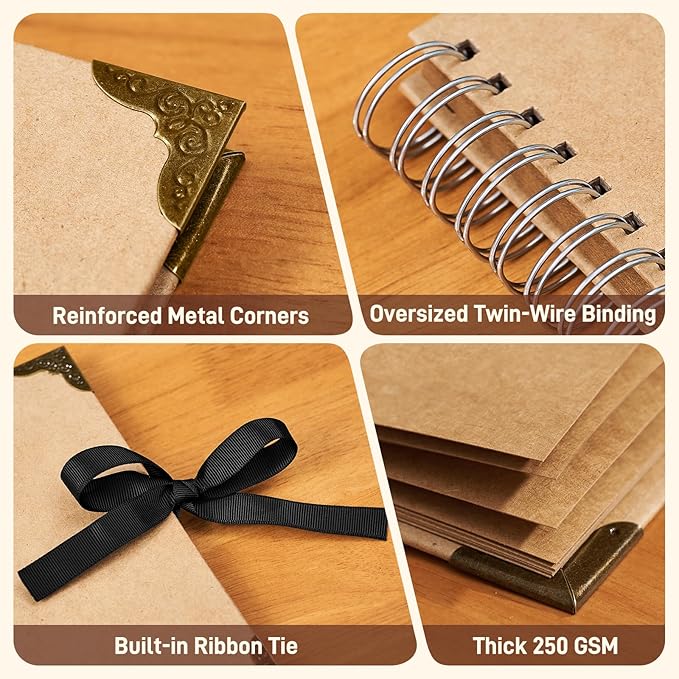 8x8 Scrapbook Album, 40 Pages Thick 250gsm Kraft Paper Photo Album with Metal Corner Protectors & 3D Interactive Elements, DIY Memory Book for Wedding, Anniversary, Baby & Family