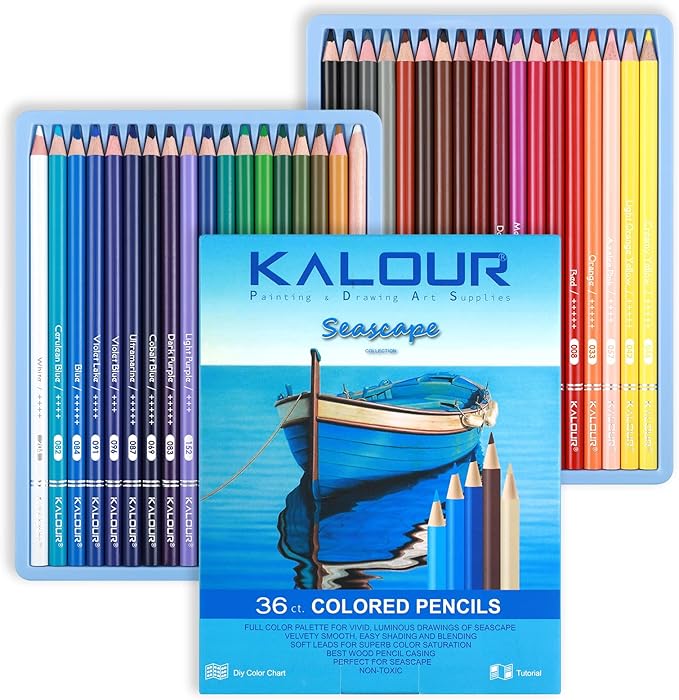 36-piece Blue Seascape Colored Pencil Set, Pre-sharpened Wooden Colored Pencils for Adults Artists Beginners Coloring Books Drawing & Sketching