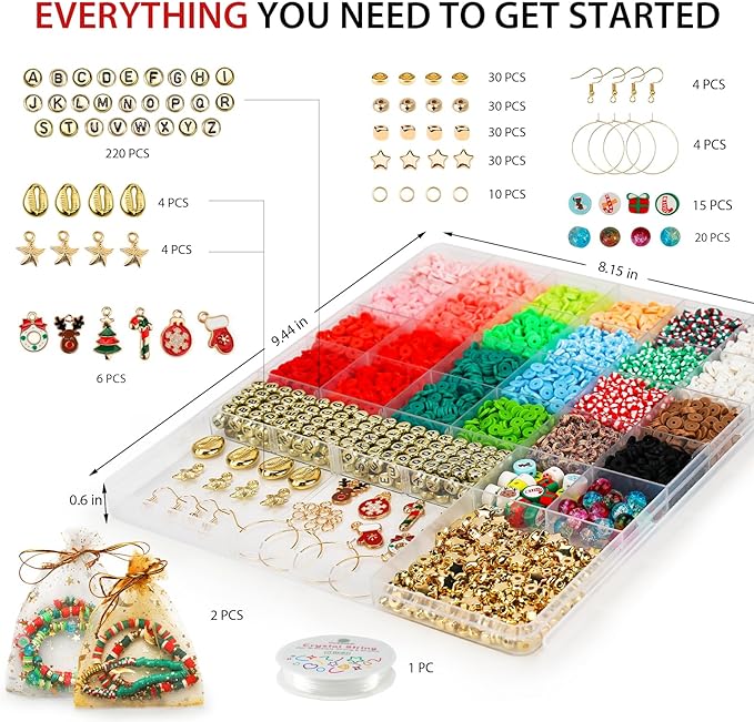 Dowsabel 6000 Pcs Christmas Clay Beads Bracelet Making Kit for Beginner, Clay Beads with Charms Kit for Jewelry Making Crafts DIY Arts and Crafts