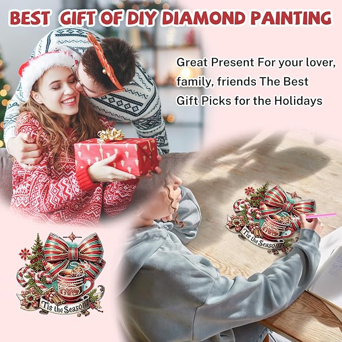 Bowetile Christmas Diamond Art Hanging Kits for Adults, Diamond Art Suncatchers Hot Tea, 5D Special Shape Diamond Painting Pendant Window Ornament Christmas Gifts for Home Door Wall Decor
