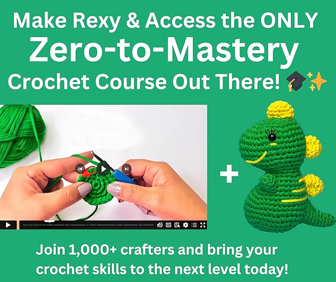 Amigo Rumi Cute Dinosaur Beginners Crochet Kit - Learn How to Crochet Starter Kit - 3+ Hour Video Tutorials & Crocheting Book - Easy to Stitch Yarn - Amigurumi Stuffed Animal for Kids 12+ & Adults