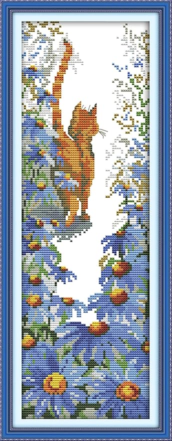 CaptainCrafts Cross Stitch Kits, New Counted Kit Unprinted 14CT Fabric Cross Stitching DIY Art DMC Needlecrafts Embroidery Kit for Adults Beginner (White, Flowers and Yellow Cat)