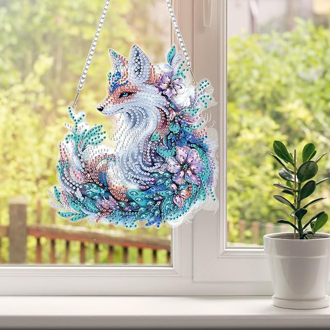 HEIBAGO Diamond Art Hanging Kits for Adults Kids, Hanging Diamond Art Fox, 5D Special Shaped Crystal Diamond Painting Kit, DIY Pattern Window Pendant for Home Wall Decor 8.3x8.3Inch