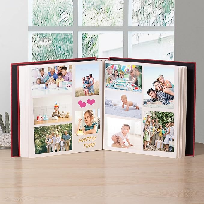 Super Large Photo Album Self Adhesive Scrapbook Album for 4×6 5×7 8×10 10×12 or Bigger Pictures DIY Magnetic Linen Cover Album 80Sheets/160Pages DIY Photo Album(Red)