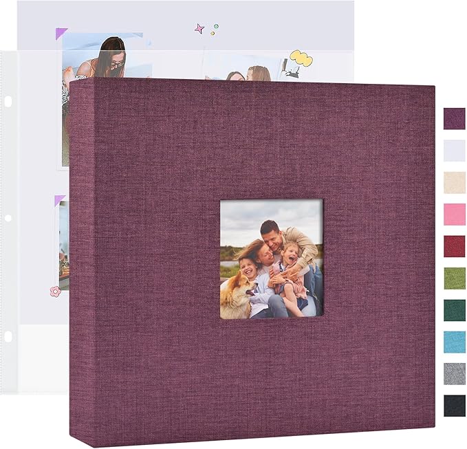 Mublalbum 10x10 Inch DIY Scrapbook Photo Album with 20 Plastic Sleeves 40 Pages Linen Cover 3 Ring Folder Binder for Wedding Baby Family and DIY Projects (Purple)