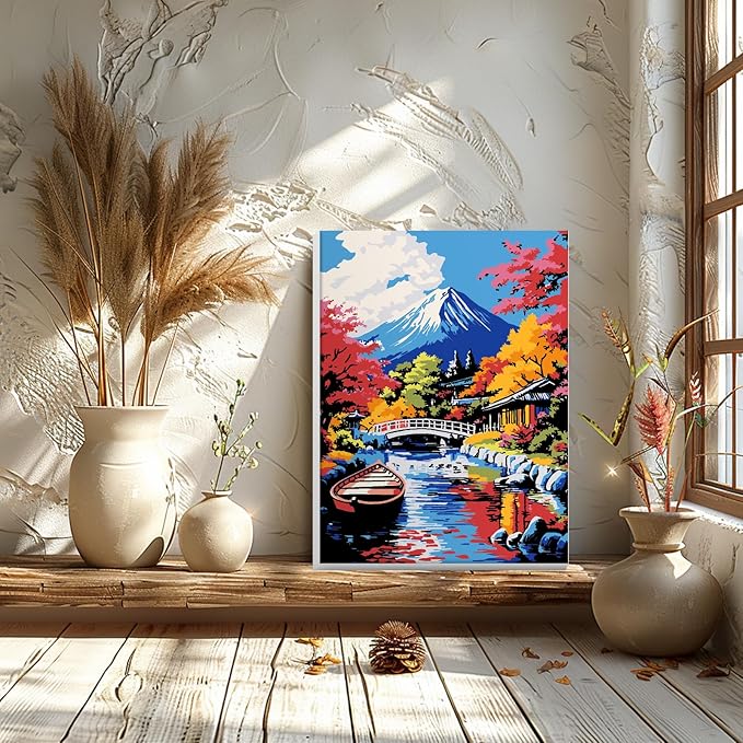 GHHKUD Mount Fuji Paint by Numbers with Frame for Adults Beginners, DIY Landscape Paint by Numbers for Age 6-12, Art on Canvas Gifts Home Wall Decor 8x12in