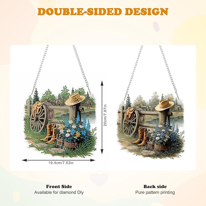 HEIBAGO Boot Diamond Art Hanging Kits Farm for Adults, Cowboy Hat Diamond Art Suncatchers,5D Special Shape Diamond Painting Pendant Window Ornament Gifts for Home Garden Door Wall Decor 8.3x8.3In