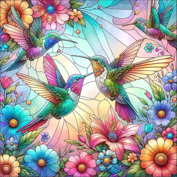 EIBEILI Diamond Painting Kits for Adults, Stained Glass Hummingbird Art for Beginner DIY Round 5D Paint with Diamonds Pictures Gem Full Drill Diamond Dots Crystal for Home Wall Decor Gifts 12x12in