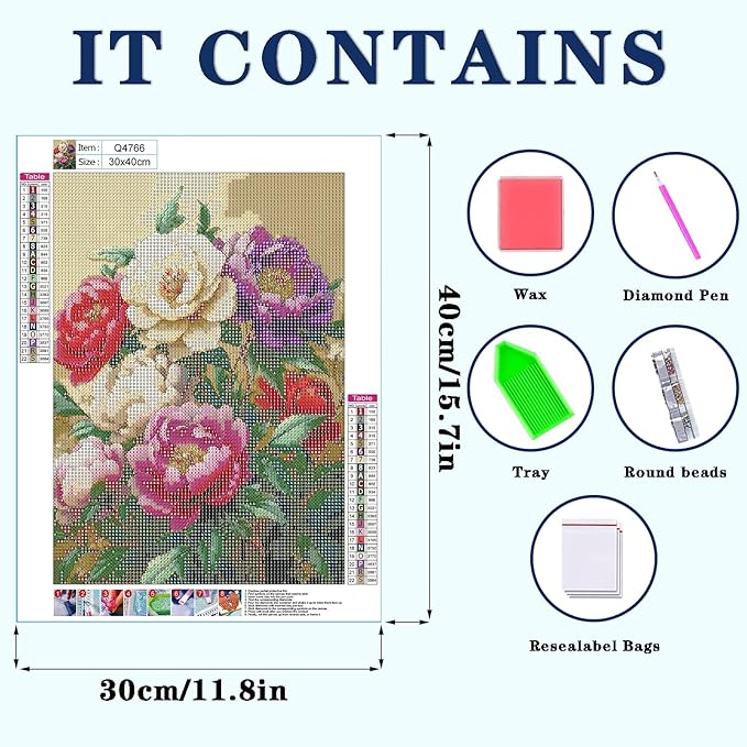 DOTZSO Flowers Peony Diamond Painting Kits for Adults, Easy DIY 5D Round Full Drill Diamond Art kit Diamond Dot Crystal Gem Art and Craft for Beginners Home Wall Decor 12x16 Inches