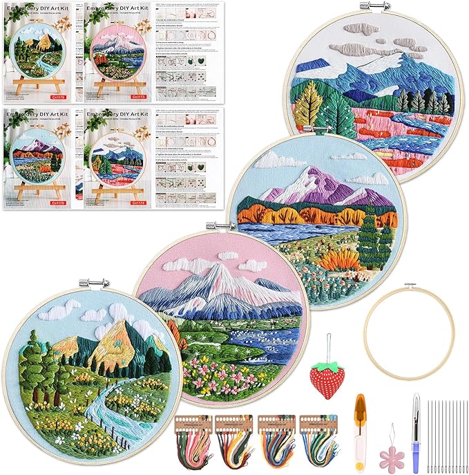 WKALXJ 4 Sets Embroidery Kits for Beginners to Advanced, Floral Cross Stitch Set, Needle Point Kits with Flower Stamped Patterns for Craft Lover Needlepoint Kits (Advanced Landscape)