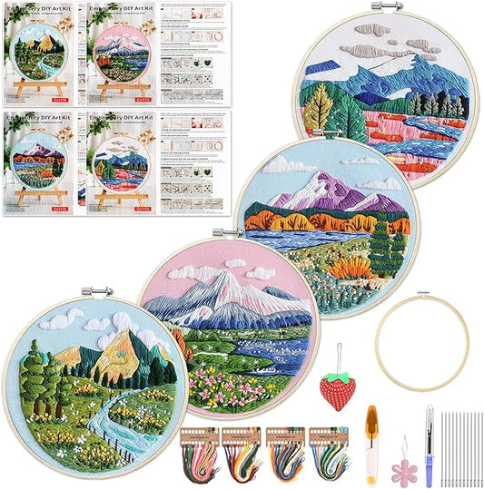 WKALXJ 4 Sets Embroidery Kits for Beginners to Advanced, Floral Cross Stitch Set, Needle Point Kits with Flower Stamped Patterns for Craft Lover Needlepoint Kits (Advanced Landscape)