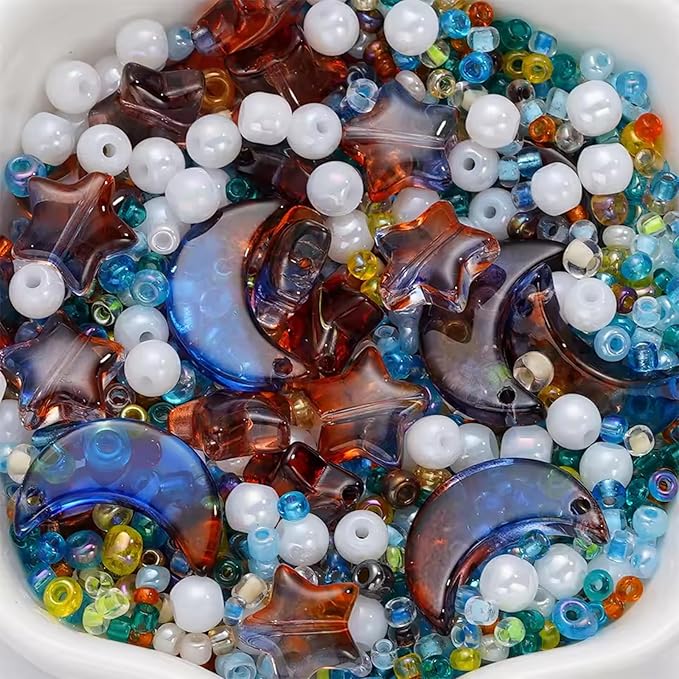 Mixed Star Moon Crystal Glass Beads Seedbeads Loose Round Pearl Beads for Jewelry Making Craft Bracelets Necklaces Earrings DIY Crafts Projects Blue Orange Glass Spacer Bead Kits for Crafts