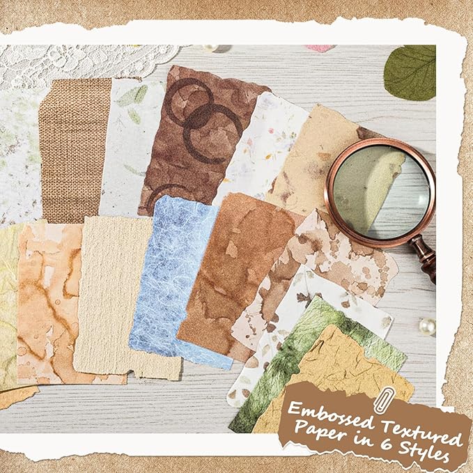 112 Pcs Textured Vintage Scrapbook Paper, 4 Themes Scrapbook Journaling Supplies, Embossed Designs Scrapbooking Kit Decorative Paper for Junk Journals, Card Making, Collage Art, Retro Crafts