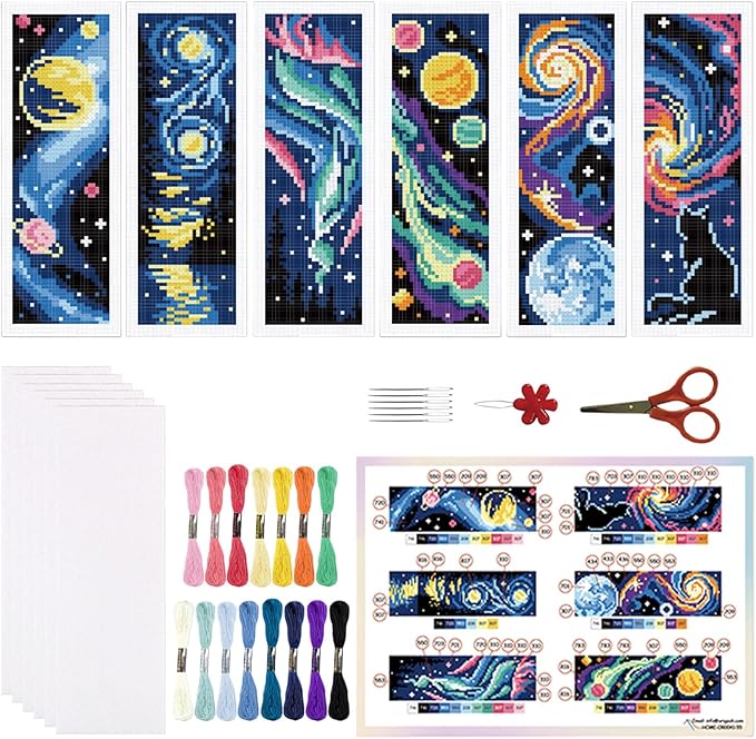 ORIGACH 6 Set Universe Starry Night Cross Stitch Bookmark Kit for Beginner with Backing Felt Floss Instructions DIY Stamped Embroidery Bookmark Kit for Adults, Book Lovers