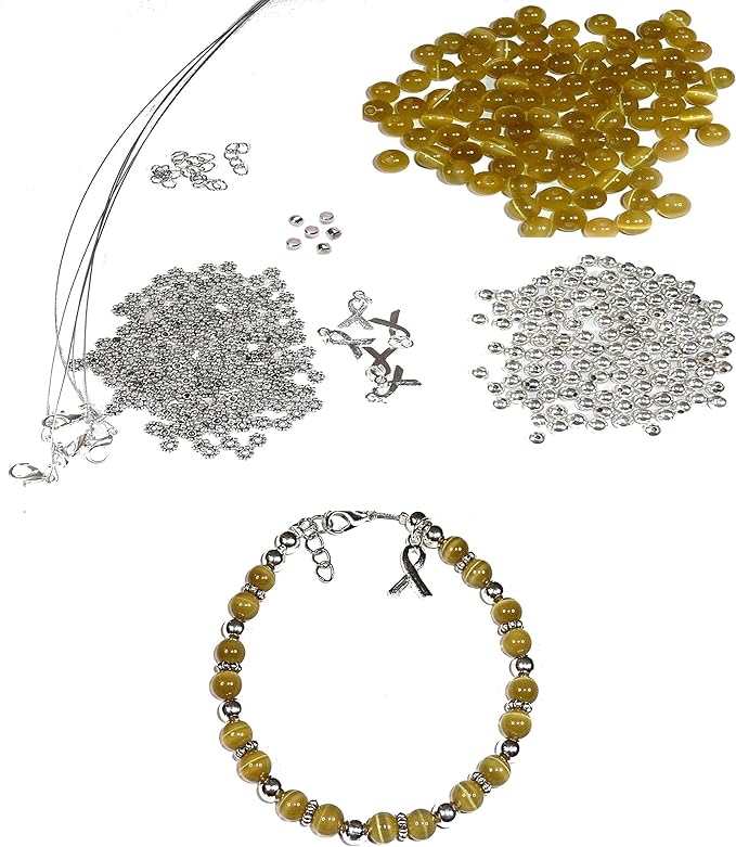 Hidden Hollow Beads DIY Craft Beading Kit, Everything to Make Cancer Awareness Bracelets, Uses Wire, Crimps and Clasps, Fundraising and Gifts (Childhood Cancer - Golden - Makes 5)
