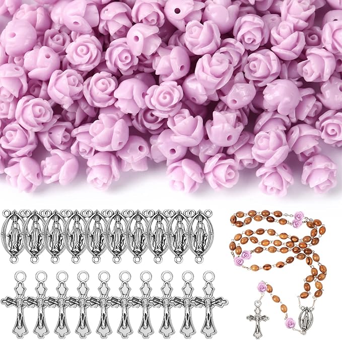 Sureio 140 Pcs Rosary Making Supplies Carved Rose Beads Flower Beads Kit Cross Centerpiece Crucifix Medal, Silver Jesus Maria Pendant for Bracelet Necklace(Purple)