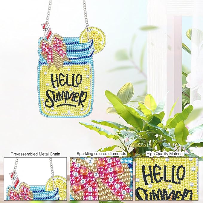 AiYuanzsh Hello Summer Diamond Painting Hanging Kit, DIY 5D Jar Lemon Drink Sign Ornament, Diamond Art Hanging for Adults, Door or Wall Summer and Holiday Decoration, Handmade Crystal Art Gift