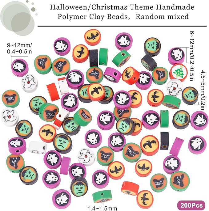 SUNNYCLUE 1 Box 200Pcs Halloween Polymer Clay Bead Ghost Skull Face Bat Handmake Polymer Clay Beads Pumpkin Flat Round for Jewelry Making Charm Earring Choker Bracelet Necklace Random Pattern