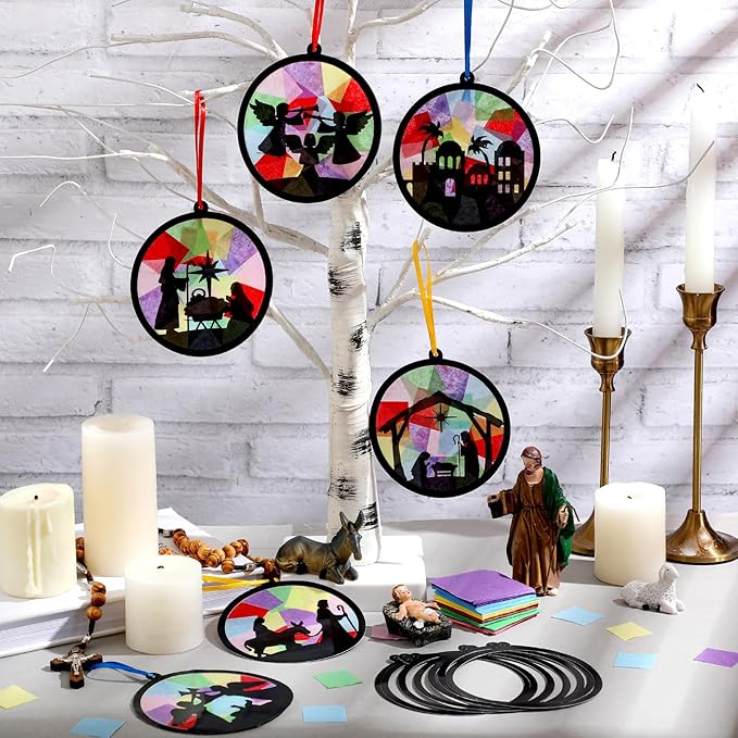 AmazingSpark 30 Pcs Christmas Nativity Ornaments Crafts Kits Bulk Christian Nativity Suncatchers Art Xmas Birth of Jesus DIY Stained Glass Effect Tissue for Religious Church Classroom Activities Party