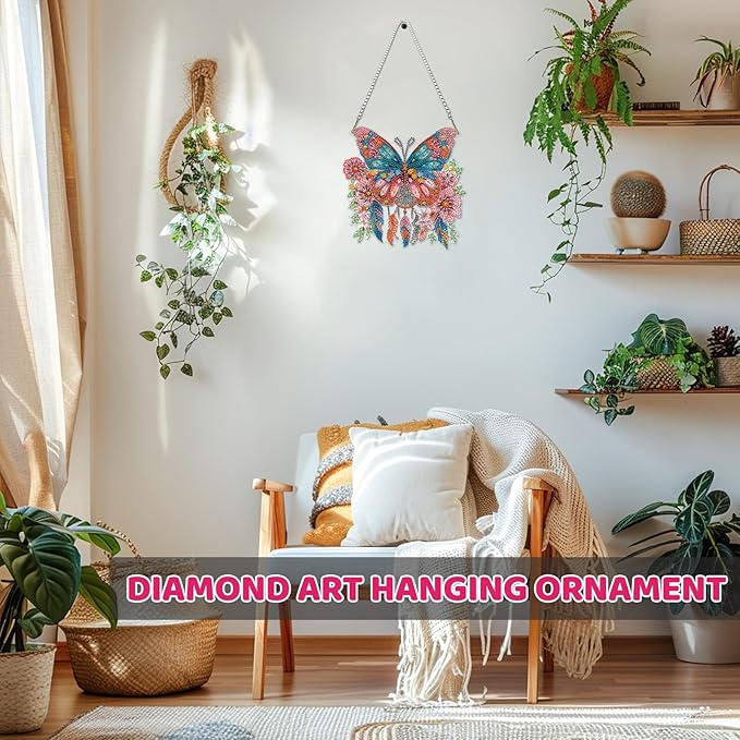MEIYUDA Butterfly Diamond Art Hanging Kits for Adult, Butterfly Dreamcatcher Diamond Painting Hanging Kits Ornament, DIY Special Shaped Rhinestone Window Pendant Kit for Home Garden Wall Decor Gift