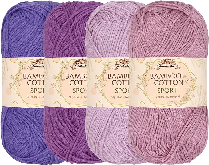 JubileeYarn Bamboo Cotton Sport Yarn - 50g/Skein - Shades of Purple - 4 Skeins