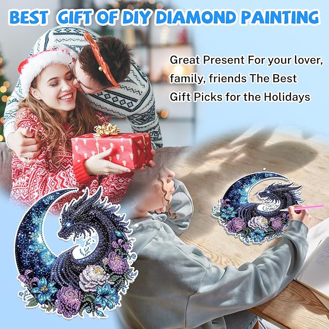 Bowetile Dragon Diamond Art Hanging Kits for Adults, 5D Special Shape Diamond Painting Flowers Pendant Kits, Gem Art Suncatchers Painting Window Ornament for Home Garden Wall Decor