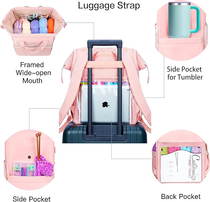 Leudes Knitting Bag Backpack,Yarn Storage Organizer Large Crochet Bag Tote Christmas Gift Yarn Holder Case for Carrying Projects,Knitting Needles (Pink)
