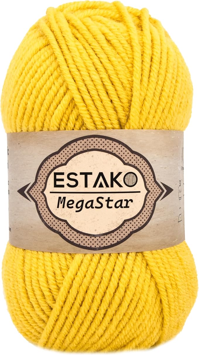 Estako Megastar, 75% Acrylic 25% Wool Yarn, Soft, Chunky Bulky Weight #5 for Crochet and Knitting 3.52 Oz (100g) / 120 Yrds (110m) (62191 - Yellow)