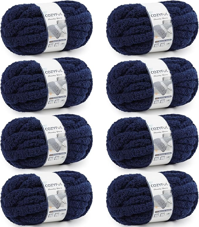 Chunky Yarn for Hand Knitting - #10 Chunky Chenille Yarn, Jumbo Big Thick Chunky Yarns for Crocheting, Super Bulky Chunky Knit Blanket Yarns, 8 Skein (25 yds 8 oz Each Skein), Navy Blue