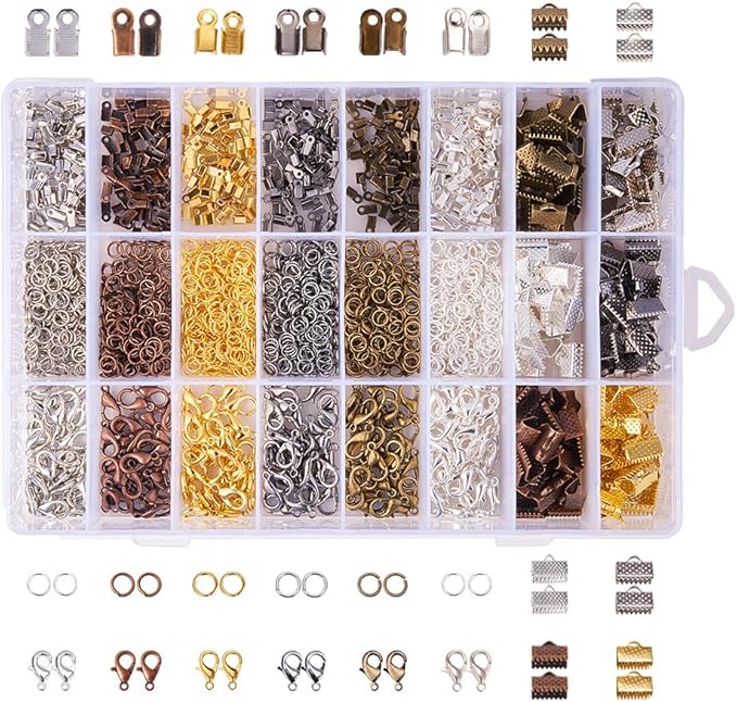 PH PandaHall About 2580Pcs Jewelry Finding Kits of Fold Over Iron Cord Ends Ribbon End Jump Rings and Lobster Claw Clasps in 6 Colors Mixed Sizes