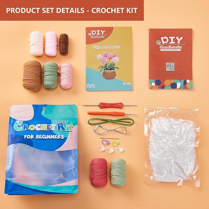 ADDZRZR Tulip Crochet Plants Kit for Starters, Complete Easy Crochet Set for Beginners Adults with Step-by-Step Tutorials, Unique Friend Gifts for Women