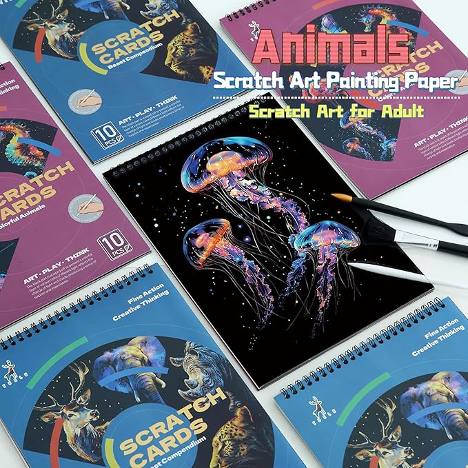 Animals Scratch Art Book for Adults-Colorful Animal Scratch Paper|Scratch Painting Paper Craft Kit|Creative Foil Engraving Scratch Art|Stress Relief Gift for Craft Lovers(Animal Series 1)