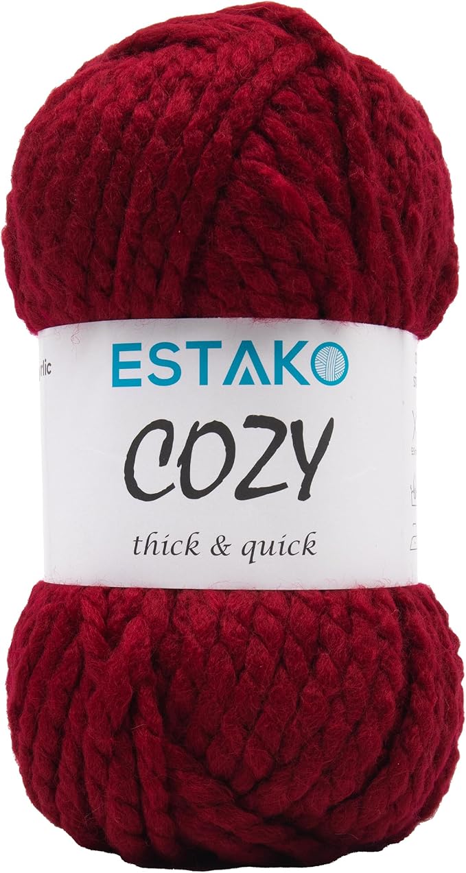 Estako Cozy Thick & Quick Yarn 20% Wool 80% Acrylic Soft Super Bulky Weight #6 Knitting and Crocheting Yarn 3.52 oz (100gr) 65 yds (60 m) (53075 - Dark Red)