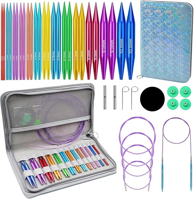 Yarniss 13 Pairs Circular Knitting Needle Set 3.0~10.0mm,4-Inch Interchangeable Aluminum Knitting Needles with 4 Cables, Round Needle with Case